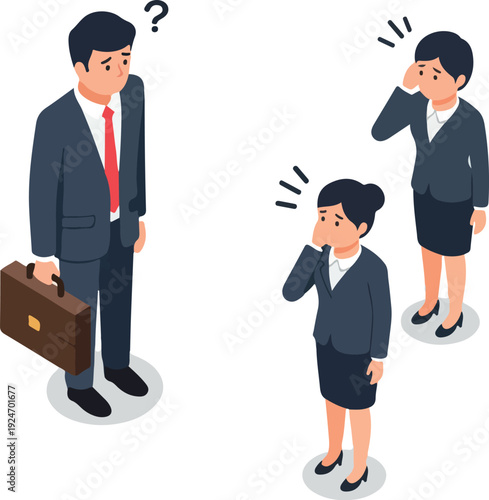 Confused Business People In Suits Isolated White Background Minimalist Isometric Illustration