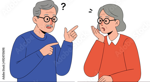 Confused Elderly Couple Talking Discussion Question Mark Vector Art