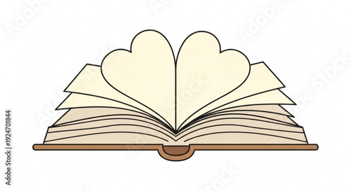 Open book with heart shaped pages on white background symbolizing love for reading and learning