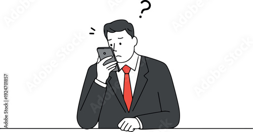 Confused Businessman Looking Phone White Background Red Tie Flat Design