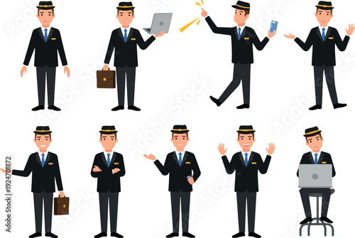 Concierge Man In Black Suit With Laptop And Phone Isolated Vector