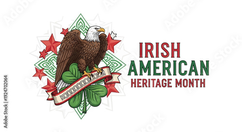 Vector illustration of an Irish American Heritage Month logo featuring an eagle, shamrocks, and stars on a white background, celebrating Irish American culture and history.