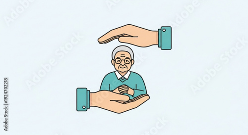 Elderly person protected and cared for by large hands symbolizing safety and support