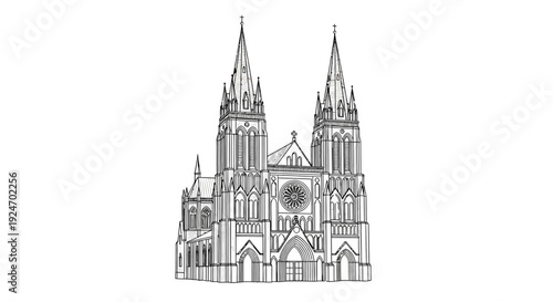 Gothic Cathedral Facade Sketch - Architectural Drawing of Religious Building