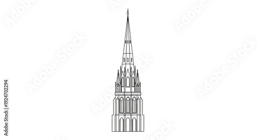 Gothic Spire Outline Drawing, Architectural Detail, Medieval Church Tower