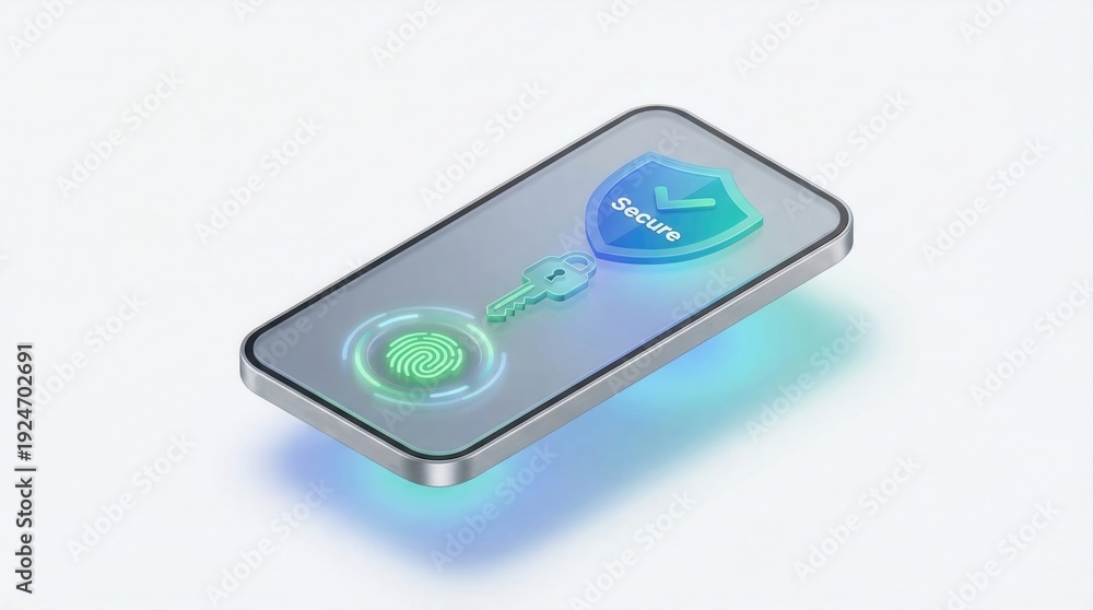 Fototapeta premium multi factor authentication fintech concept. Smartphone displaying biometric fingerprint and digital security shield