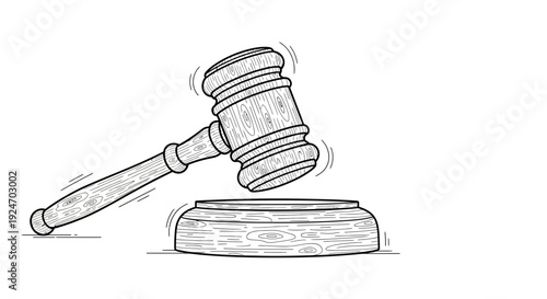 Gavel striking sounding block, symbol of justice, law, and auction. Hand-drawn sketch.