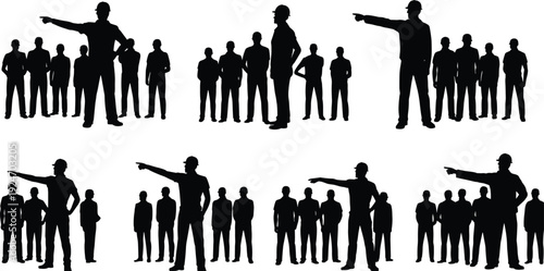 Silhouette construction supervisors in hard hats directing teams, symbolizing leadership, teamwork, management, authority, guidance, and organizational hierarchy