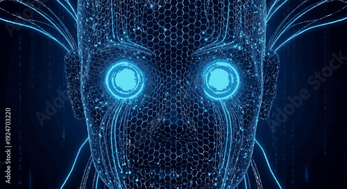 Futuristic robotic face with glowing blue eyes and digital mesh structure cybernetic organism concept advanced artificial intelligence neon