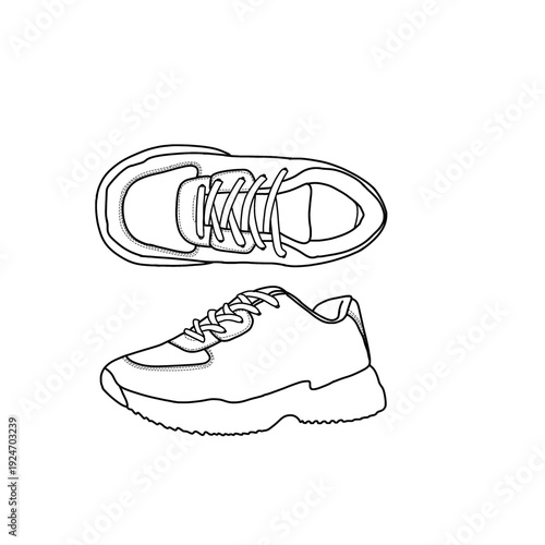 A detailed outline of a modern sneaker shoe, showcasing the design elements and structure. Vector line art. Isolated on a white background