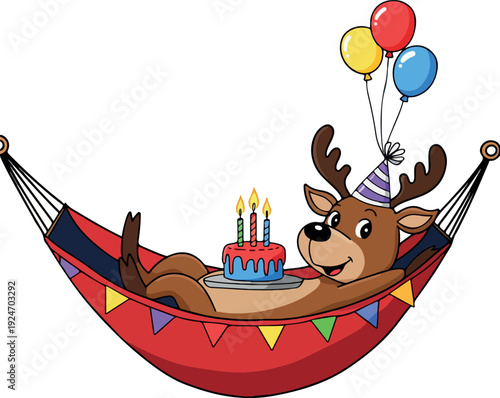 Cute Deer Relaxing In Hammock With Birthday Cake Balloons Hat
