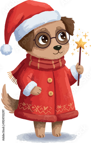 Cute Dog Christmas Santa Hat Holding Sparkler Star Festive Red Coat Scarf
