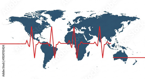 World map with red ecg heartbeat line global health crisis concept medical emergency response