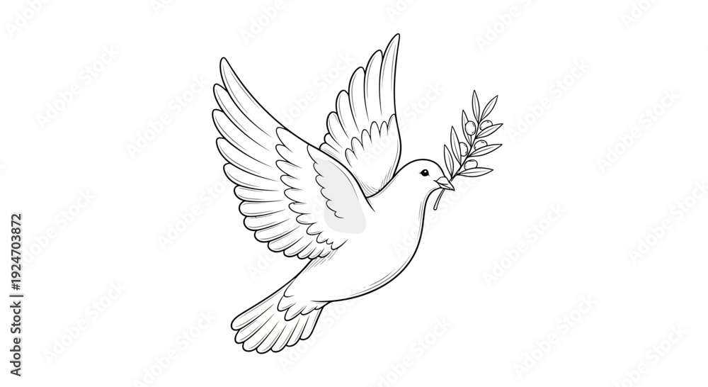 Obraz premium Dove of Peace Flying with Olive Branch, Symbol of Hope and Serenity, Black and White Illustration