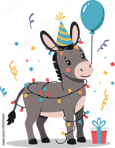 Cute Donkey Wearing Party Hat With Lights Balloon and Gift