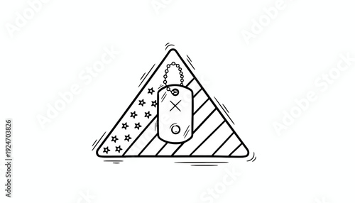 Dog Tag Hanging on US Flag Triangle Warning Sign, Military Veteran Symbol