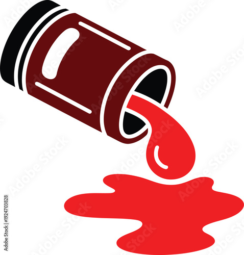 Red liquid spilling from a dark red and black container