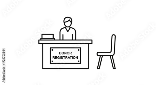 Donor Registration Desk with Receptionist and Chair, Medical Service Icon