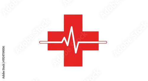 Red cross symbol with white heartbeat line on plain white background for medical and healthcare concepts