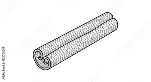 Cinnamon Stick, Rolled Bark Spice, Isolated on White Background, Line Art Illustration