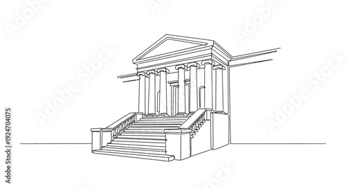 Classical building facade with columns and grand staircase, architectural line drawing