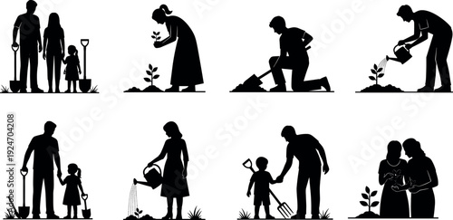 Silhouette family gardening together, planting trees and watering plants, eco friendly lifestyle concept, environmental care, sustainable living illustration isolated on white background