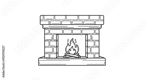 Cozy Brick Fireplace with Burning Logs and Flames, Warmth and Comfort