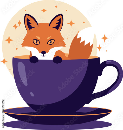 Cute Fox In Purple Coffee Cup Minimalist Flat Design With Stars