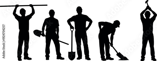 Silhouette of construction workers using tools, manual labor teamwork concept, industrial workforce illustration, building maintenance and repair activities isolated on white background