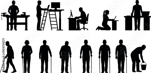 Silhouette set of construction workers using tools, manual labor teamwork concept, industrial workforce illustration for building repair, maintenance work, and construction industry projects