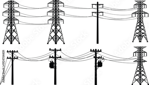 Black silhouette collection of high voltage transmission towers, industrial utility poles with transformers, and overhead power line energy grid infrastructure