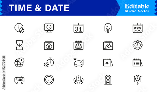 Timeless Time & Date Line Icon Set: Professional, Editable, Pixel-Perfect Collection