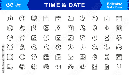 Timeless Time & Date Line Icon Set: Professional, Editable, Pixel-Perfect Collection