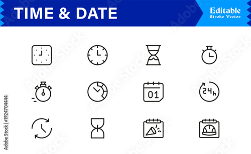 Timeless Time & Date Line Icon Set: Professional, Editable, Pixel-Perfect Collection