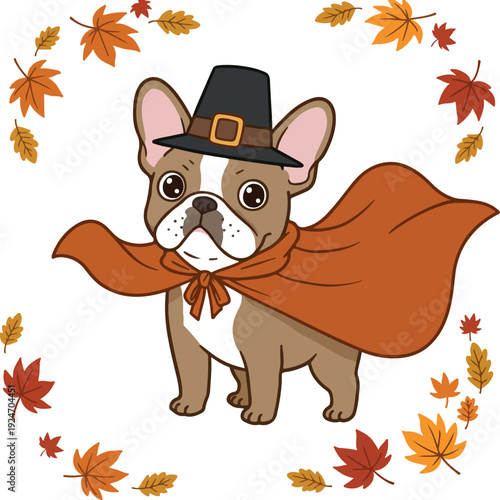 Cute French Bulldog Pilgrim Hat Cape Autumn Leaves Vector Art