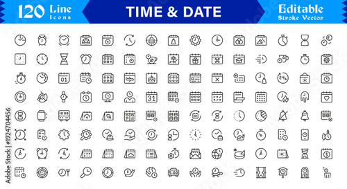Timeless Time & Date Line Icon Set: Professional, Editable, Pixel-Perfect Collection