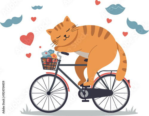 Cute Ginger Cat Riding Bicycle with Flowers and Hearts Minimal Illustration