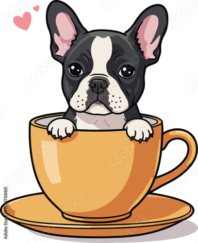 Cute French Bulldog Puppy Sitting In Yellow Coffee Cup Love Hearts Pixel Art
