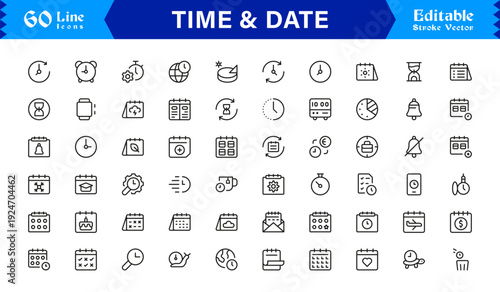 Timeless Time & Date Line Icon Set: Professional, Editable, Pixel-Perfect Collection