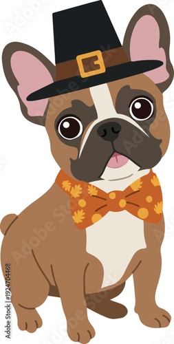 Cute French Bulldog Wearing Pilgrim Hat and Fall Bow Tie Sitting
