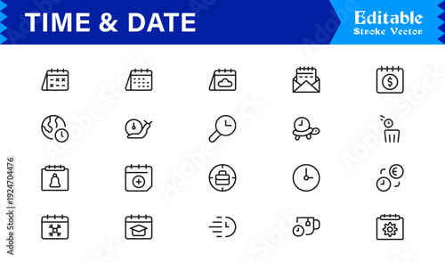 Timeless Time & Date Line Icon Set: Professional, Editable, Pixel-Perfect Collection