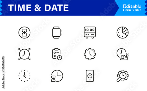 Timeless Time & Date Line Icon Set: Professional, Editable, Pixel-Perfect Collection