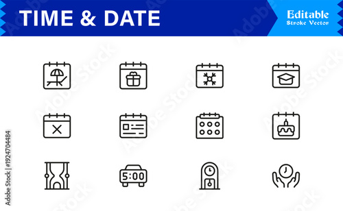 Timeless Time & Date Line Icon Set: Professional, Editable, Pixel-Perfect Collection