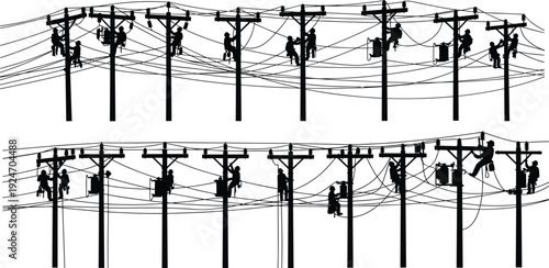 Black silhouette collection of electrical lineworkers repairing power lines on complex utility poles, industrial maintenance technicians, and energy grid repair