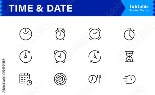 Timeless Time & Date Line Icon Set: Professional, Editable, Pixel-Perfect Collection