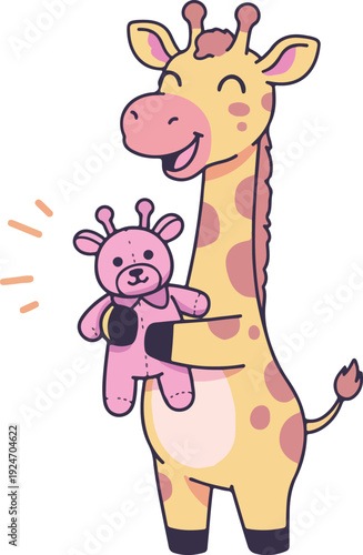 Cute Giraffe Holding Pink Teddy Bear Vector Illustration Minimal Flat Design