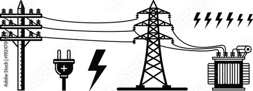 Vector illustration of electrical grid infrastructure including utility pole, transmission tower, power transformer, electric plug, and lightning bolt energy symbols
