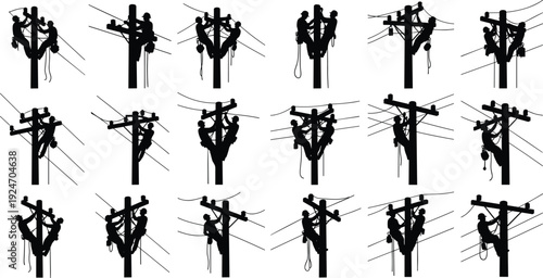 Large collection of black silhouette high voltage electric power transmission towers, industrial utility pylon set, and energy grid infrastructure icons