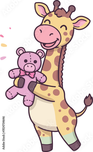 Cute Giraffe Holding Pink Teddy Bear Vector Illustration Pastel Colors