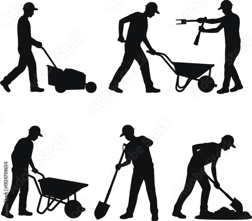 Silhouette construction workers performing diverse manual labor tasks including mowing, wheelbarrow pushing, jackhammering, shoveling, digging, and spreading materials